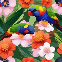 Lorikeet Clipart - Lorikeet feeding on nectar from vibrant blossoms , minimal, 2d