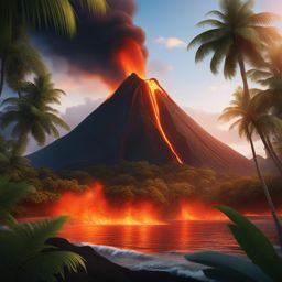 island volcano, an exotic island with an active volcano, lava flows, and tropical foliage. 