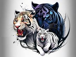 Panther Tiger Tattoo-Dynamic and fierce tattoo design featuring both a panther and a tiger in a captivating composition.  simple color tattoo,white background