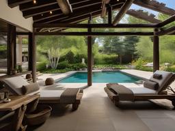 The pool area embraces Wabi Sabi interior design with rustic loungers, natural decor, and lush landscaping that create a serene space for summer enjoyment.  