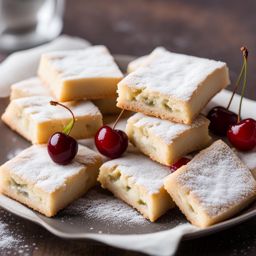 buttery shortbread cookies dusted with powdered sugar and adorned with a cherry in the center. 