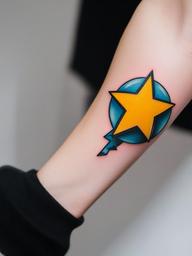 Mario Star Tattoo - Tattoo featuring the iconic star from the Mario video games.  simple color tattoo,minimalist,white background