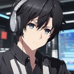 Front facing face, boy with black hair, round eyes in a tech-savvy anime school.  close shot of face, face front facing, profile picture pfp, anime style
