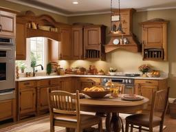 Country kitchen combines sturdy wooden cabinets, warm colors, and simple decorations to create a welcoming atmosphere for family meals.  