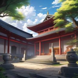 Serene temple courtyard with sacred rituals. anime, wallpaper, background, anime key visual, japanese manga