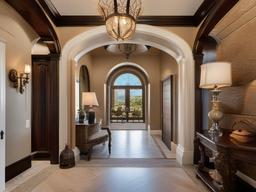 In the entryway, Italian Renaissance interior design showcases elegant arches, detailed moldings, and opulent decor that provide a grand first impression as guests enter the home.  