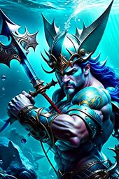 triton fighter with a trident, defending underwater realms with martial skill. 