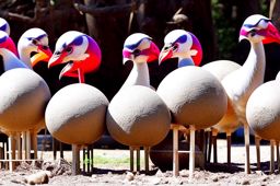 ostriches organizing an 'egg balancing contest,' struggling to keep eggs upright on their long beaks. 