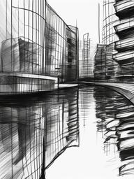 drawing of buildings reflected in water  minimal rough sketch scribbles,doodles,black and white