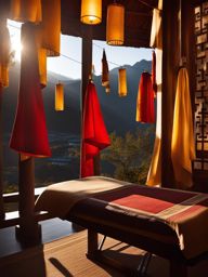 shangri-la - imagine a peaceful night in shangri-la, with tibetan monasteries and prayer flags softly lit, creating a serene and spiritual atmosphere. 