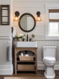 Farmhouse Powder Room - Farmhouse charm to your powder room with shiplap walls and vintage fixtures. realistic, professional photography, bokeh, natural lighting, canon lens, shot on dslr 64 megapixels sharp focus