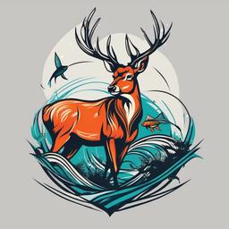 Deer and Fish Tattoo-Bold and dynamic tattoo featuring a deer and a fish, capturing the essence of hunting and fishing in a creative design.  simple color vector tattoo