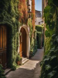wander through a picturesque alleyway adorned with ivy-covered walls and vintage lampposts. 
