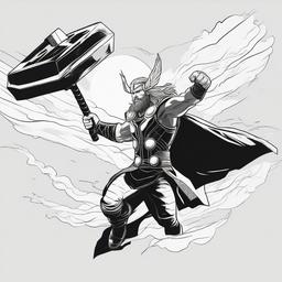 drawing of Thor flying through the sky with Mjölnir  minimal rough sketch scribbles,doodles,black and white