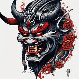 Japanese Oni Mask Tattoo Design-Bold and artistic tattoo design featuring a Japanese Oni mask, capturing traditional and fierce aesthetics.  simple color tattoo,white background