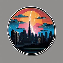 Lightning over city skyline sticker- Urban drama, , sticker vector art, minimalist design