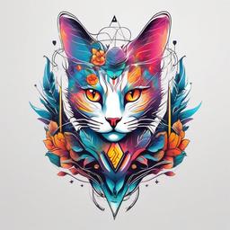 Electric Cat Tattoo - Modern and vibrant cat tattoo with an electric theme.  minimal color tattoo, white background