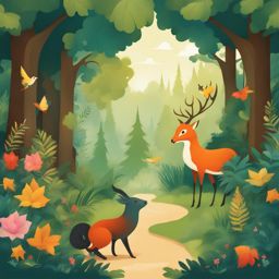 cute clipart: inhabiting an enchanted forest with mythical creatures. 