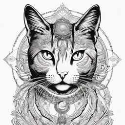 Cat with celestial elements design: Cosmic connection beautifully etched in ink.  black white outline tattoo, white background