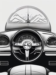 Car steering wheel and compass ink. Direction on the open road.  minimalist black white tattoo style