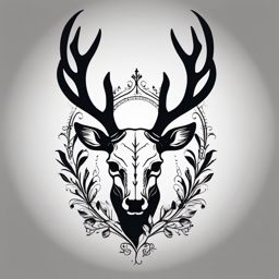 Silhouetted deer skull in minimalist ink, timeless and understated.  black and white tattoo style