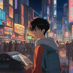 An anime boy, lost in a bustling futuristic city, discovers a mysterious artifact that reveals glimpses of a forgotten past.  1990s anime style