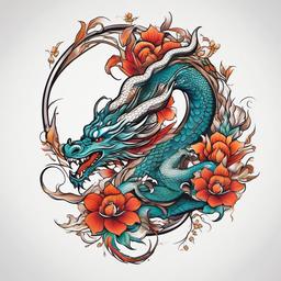 Dragon and Flower Tattoo Designs - Artistic designs combining dragons and flowers.  simple color tattoo,minimalist,white background