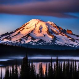 mount rainier national park - capture the serene night painting of mount rainier, where the snow-capped peak and alpine meadows glisten under a starry sky. 