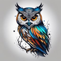 Abstract owl tattoo breaking free in artistic expression.  color tattoo style, minimalist design, white background