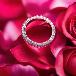 Valentines Day background - Sparkling diamond ring on a rose petal background  