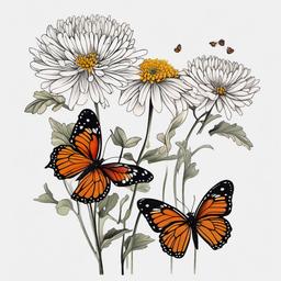 chrysanthemum and butterfly tattoo  simple color tattoo, minimal, white background