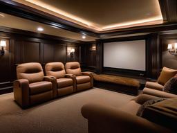 A media room designed with traditional interior design features plush seating, classic decor, and warm lighting that enhances the cinematic experience in a refined setting.  