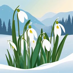 Snowdrop Clip Art - Clusters of snowdrop flowers in a serene snowy landscape,  color vector clipart, minimal style