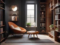 In the reading nook, Bauhaus interior design highlights a comfortable chair, geometric patterns, and soft lighting that create a perfect space for enjoying books and reflection.  