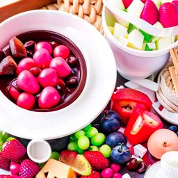 chocolate fondue party, dipping fruits, marshmallows, and treats into a bubbling pot of chocolate. 