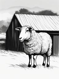 drawing of a sheep beside a barn  minimal rough sketch scribbles,doodles,black and white