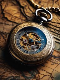 Vintage pocket watch, with cracked face and delicate engravings, rests atop weathered map, marking journeys and adventures of past. hyperrealistic, intricately detailed, color depth,splash art, concept art, mid shot, sharp focus, dramatic, 2/3 face angle, side light, colorful background