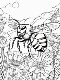 Bumblebee Coloring Pages - Bumblebee with a garden full of flowers  simple coloring pages