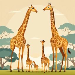 Giraffe Family Clip Art - A family of giraffes in the savanna,  color vector clipart, minimal style