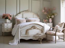 Shabby chic bedroom with distressed white furniture and floral accents.  