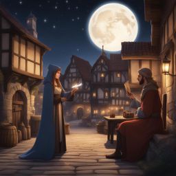 holo negotiates a trade deal with a merchant under a starry sky in a medieval town. 