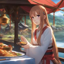 asuna yuuki,organizing a grand feast to celebrate unity among adventurers,a scenic lakeside village hyperrealistic, intricately detailed, color depth,splash art, concept art, mid shot, sharp focus, dramatic, 2/3 face angle, side light, colorful background