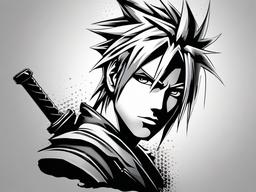 Cloud Strife Tattoo-Creative and iconic tattoo featuring Cloud Strife, a character from the Final Fantasy series, capturing gaming nostalgia.  simple color tattoo,white background