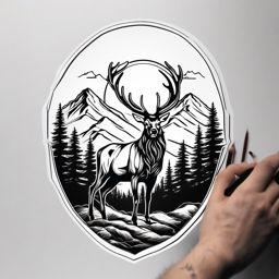 Mountain Landscape Stag - Commemorate the rugged beauty of mountain landscapes with a tattoo featuring a majestic stag.  outline color tattoo,minimal,white background