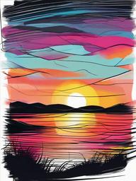 drawing of a colorful sunset  minimal rough sketch scribbles,doodles,black and white