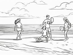 Family playing frisbee on the beach  simple coloring pages