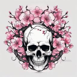 Cherry Blossom Skull Sleeve Tattoo - Long Sleeve Tattoos featuring many skulls with cherry blossoms as framing.  simple color tattoo,minimalist,white background, multiple skulls, sleeve  ,tattoo design, white background