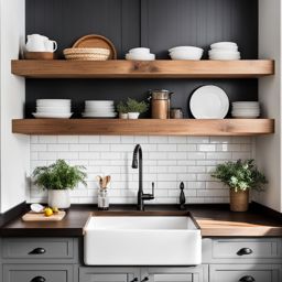 farmhouse kitchen with a farmhouse sink and open shelving. 