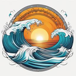 Ocean Sun and Wave Tattoo - Capture the beauty of the ocean, sun, and waves in a stunning tattoo.  simple vector color tattoo,minimal,white background