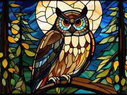 Stained Glass Owl - Wise owl in moonlit forest  